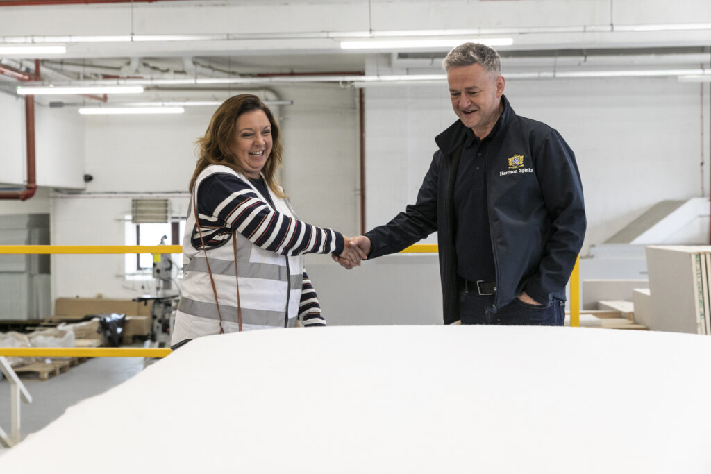 Abigail Reeve thanking Master Bedmaker Dean Wilkinson at the Harrison Spinks factory